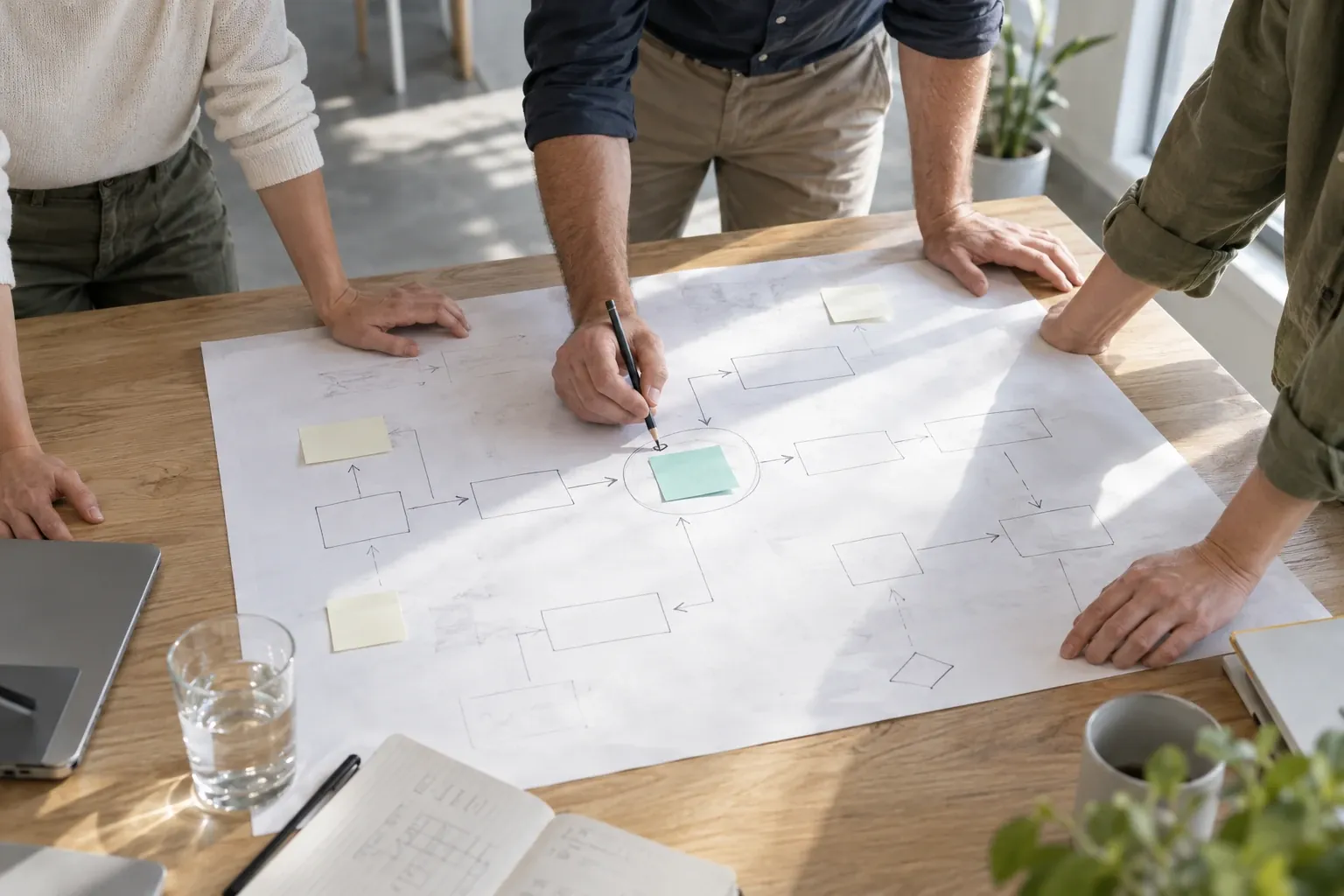 Management team over a paper map of operational flows
